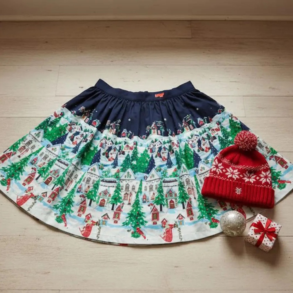 ModCloth Winter‎ Wonderland Skirt Holiday Village Print A-Line Size L - Picture 6 of 9